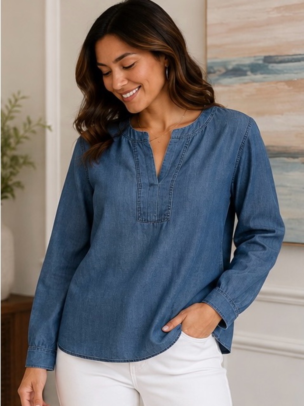 Chambray Popover Top Women’s XL Blue Long Sleeve